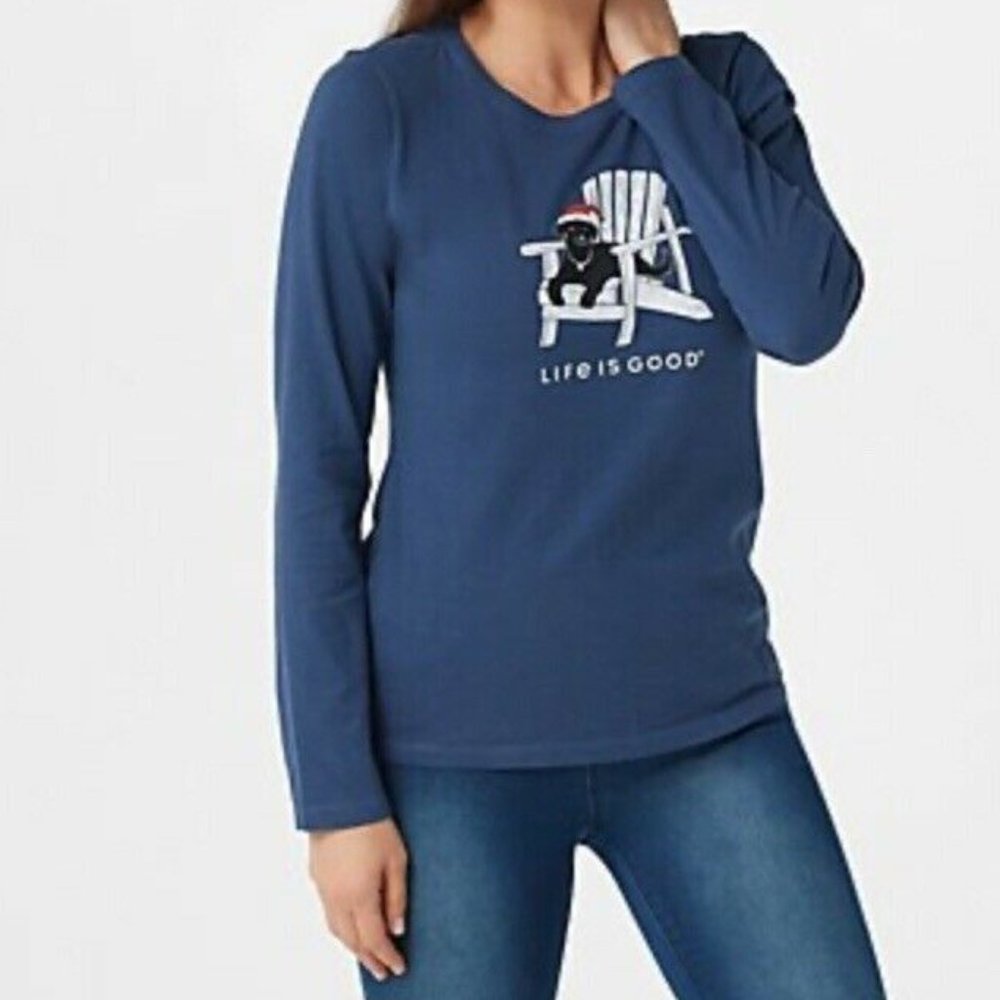 Life Is Good Crusher Holiday T Shirt Dog Blue